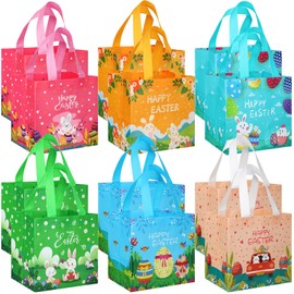 Sanwuta 12 Pcs Easter Gift Bags Easter Reusable Treat Bags Non Woven Bags Easter Tote Bags with Handle Goodie Bags Bunny Bag