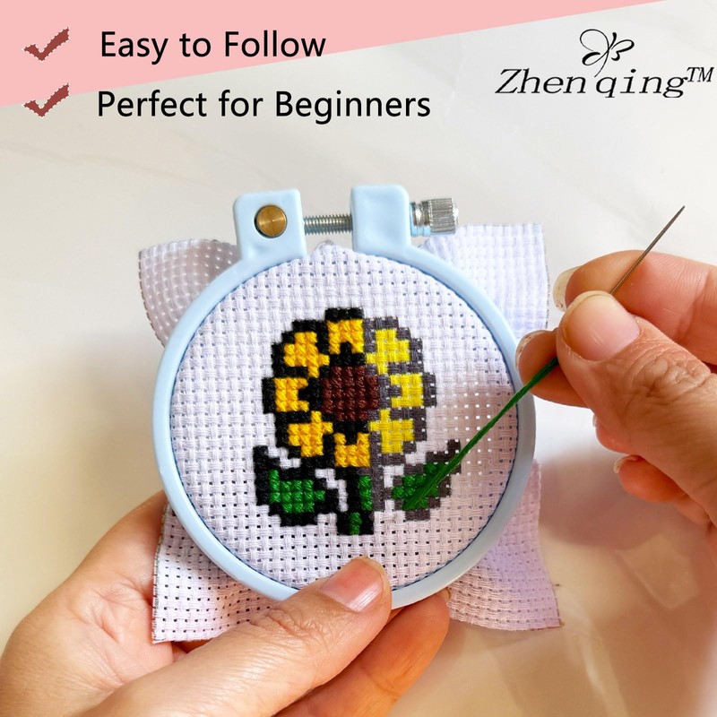 Zhenqing 5 Patterns Mini Cross Stitch Keychain Kit, DIY Flower
