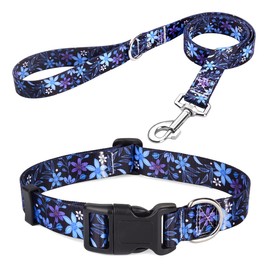 Mihqy Dog Collar and Lead Set, Adjustable, Soft and Comfortable, Nylon, for Small, Medium, Large Dogs, Puppies, Cats (Flowers Blue Set, M)