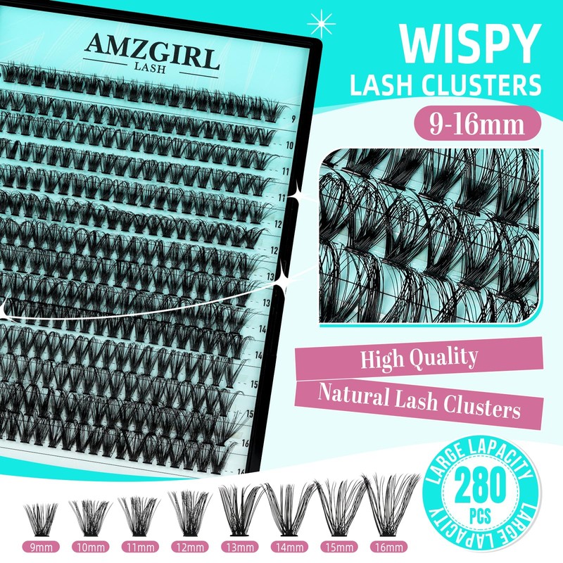 Wispy Eyelash Clusters, 280 Pieces, 40D Eyelash Clusters, 9-16 mm