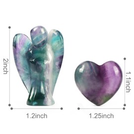Artistone Rainbow Fluorite Crystal Guardian Angel and Heart Stone Set, Natural Healing Pocket Angel Figurines Small Love Heaven Gemstones for Your Love
