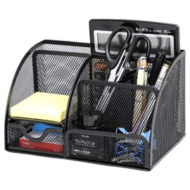 Mesh Desk Office Organizer,Multifunction Pen Holder with Drawer Stationery Storage Desktop Red