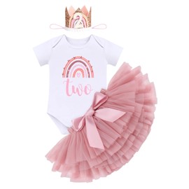 Baby Girl 1st / 2nd Birthday Outfit Romper + Princess Tutu Tulle Skirt + Headband 3-Piece Clothing Sets Photo Shoot, 2bean pink+birthday hat