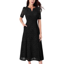 VFSHOW Womens Black Floral Lace Pockets Notch V Neck Buttons Front Split Cocktail Party Slim A-Line Midi Dress 10337 BLK M