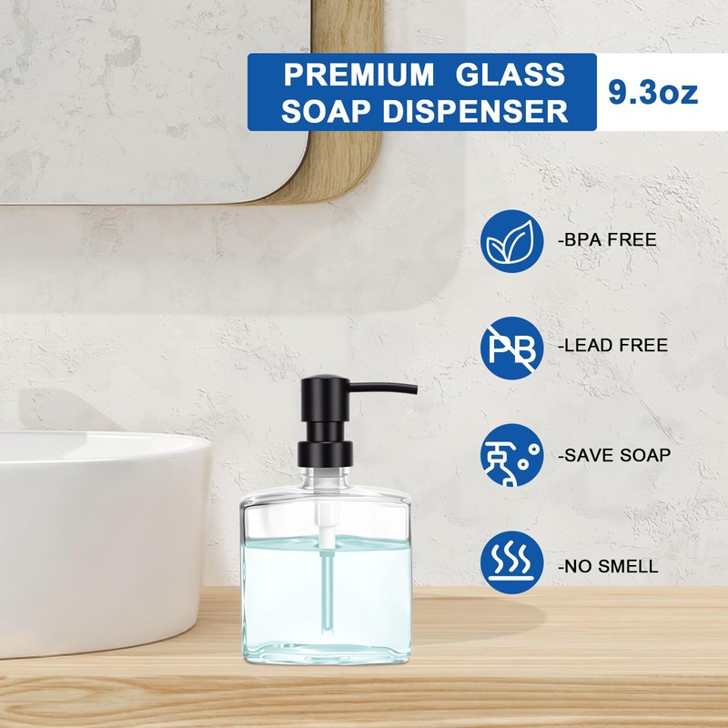 UHEY HOME Glass Hand Soap Dispenser Bathroom, 9.3oz Refillable Liquid