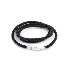 DonDon Braided Leather Wrap Bracelet Black With Stainless Steel Clasp 60 cm