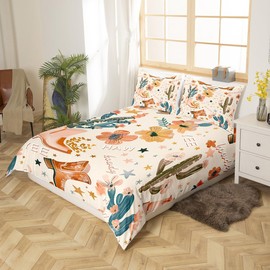 Cowboy Duvet Cover Single Size,Cowboy Boots Comforter Cover for Kids Teens Adults Bedroom Decor,Wild West Cactus Flower Cowgirl Bedding Set 1 Pillowcase,No Comforter