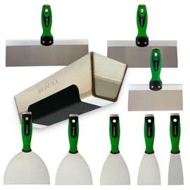 Medusa's Flexible Stainless Steel Drywall Taping Knife Set with 12" Mud Pan and Grip, Strong Flexible Putty Blades, 8 10 and 12" Coating Blades with Curved Handles Contoured to the Palm of Your Hand
