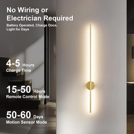 Motion Sensor Battery Operated Wall Sconce Set of Two - Modern Rechargeable Wireless Wall Lights with Remote Control, Dimmable, 3000K/4000K/6000K, Timer for Living Room, Hallway, Gold, 39.3 Inch