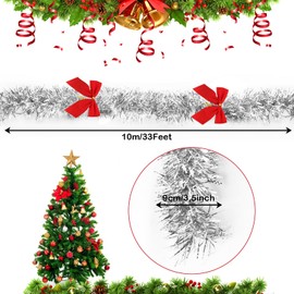 TKNOUS Silver Tinsel Garland Christmas with Bow, 33 Ft Metallic Tinsel Twist Garland Hanging Christmas Tree Tinsel Garland Ornaments for Indoor Outdoor Party Wedding Holiday