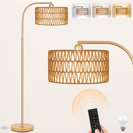 Brilvibera Gold Floor Lamps- Boho Floor Lamp for Room, Rattan Standing Lamps with Dimmable Bulb, Adjustable 2-in-1 Lampshades Arc Floor Lamp Over Couch Lamps for Living Room, Bedroom, Office