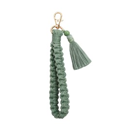 Boho Macrame Keychain Handmade Soft Tassel Wristlet Keychain Bracelet Keyring Holder Wrist Lanyard for Women Girls, Green, 1