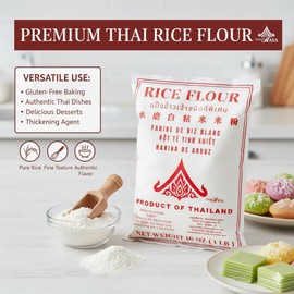 Thairaya Thai white Rice Flour, 16 oz, White, Gluten-Free, Vegan, (Pack of 1) Product of Thailand Pure and superfine rice flour Great for baking and cooking. Water Milled for sourdough bread asian white rice flour