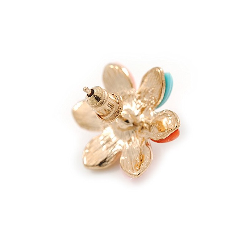 Multicoloured Acrylic, Crystal Flower Stud Earrings In Gold Tone -