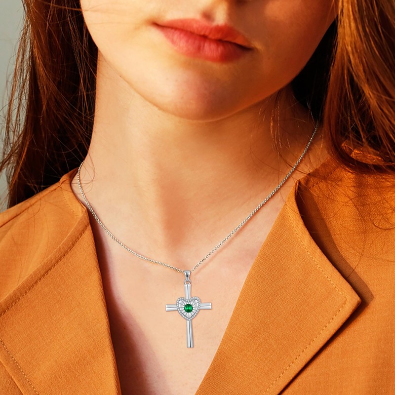 FANCIME Emerald Cross Necklace For Women Sterling Silver Birthstone Necklace