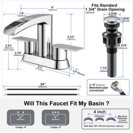 Bathroom Sink Faucet for 3 Hole, Hurran 4 Inch Bathroom Faucets with Pop-up Drain, Stainless Steel 2-Handle Waterfall Faucet for Bathroom Sink, Chrome