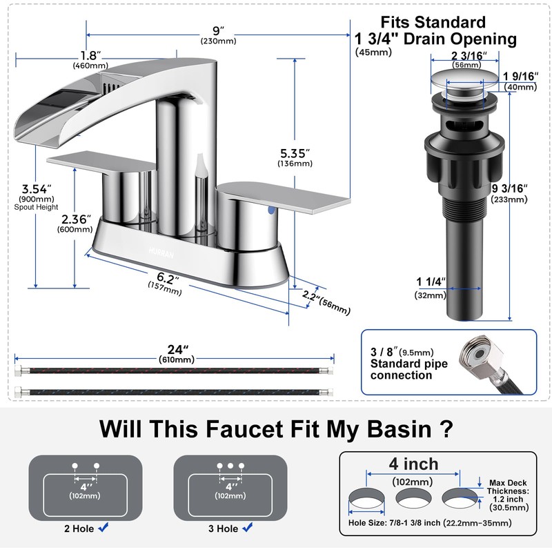 Bathroom Sink Faucet for 3 Hole, Hurran 4 Inch Bathroom