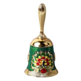 Hand Bell Vintage Brass Antique Exquisite Carved Pattern Hand Call Bell HandBell for Dinner Wedding Party Family School Gold with Colorful Green