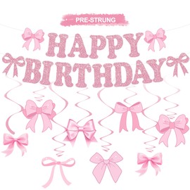 RICHHHA Glitter Pink Bow Happy Birthday Banner with Garland and Hanging Swirls Pre-Strung Happy Birthday Decorations Bow Theme Party Backdrop Sign Garland Coquette Girls Baby Party Supplies,NO-DIY