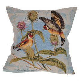 Jacquard Woven Bird Pillow Cover 18x18" - Vintage Botanical Decorative Cushion Case, Yarn-Dyed Quality Elegant Nature-Themed Sofa Couch Bed Throw Pillow Sham (Birds on thistle, light background)
