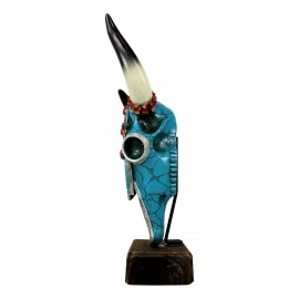 Rustic Western Aztec Mosaic Turquoise Cow Steer Bull Skull Desktop Sculpture