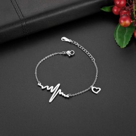 Flongo Women's Bracelet Bangle Friendship Bracelets BFF Chains for 3, Stainless Steel Bracelet Chain Silver Rose Gold with Electrocardiogram ECG Heartbeat and Heart Pendant, Stainless Steel