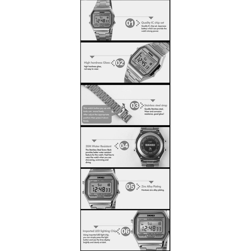 SKMEI Mens Boys Classic Clear Digital Watch Retro Alarm Metal