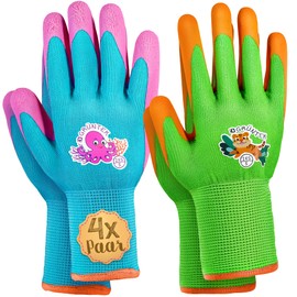 GRÜNTEK Kids' Gardening Gloves XXS (Size 5), 4-Pair Set - Safety-Certified, Non-Slip Latex, BPA-Free, Flexible & Breathable, EN 420 & EN 388 Compliant