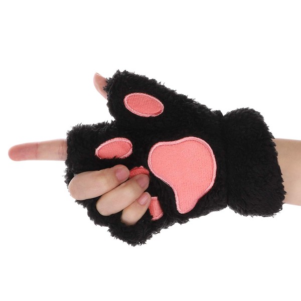 IBLUELOVER Women Cat Paw Winter Gloves Plush Warm Cosplay Gloves Half Finger Cute Gloves Novelty Bear Claw Thermal Mittens for Halloween Cosplay Party Fancy Dress