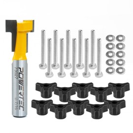 POWERTEC 73032 Carbide Tipped T Slot Router Bit 7/16" Dia. x 3/16" H x 1/4" Shank (1-PC) with T-Track Knobs Kit Including 1/4"-20 x 1-1/2" Hex Bolts and Washers (Set of 10)