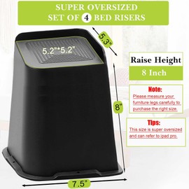 Yookwutar Yookwutar Bed Risers 2 inch, 3 inch, 4 inch, 6 inch, 8 inch Heavy Duty, Oversized Furniture Riser for Couch Sofa Table Chair Leg Frame Dorm, Support up to 6000 Lbs (Black 4 Pack, 8 inch)