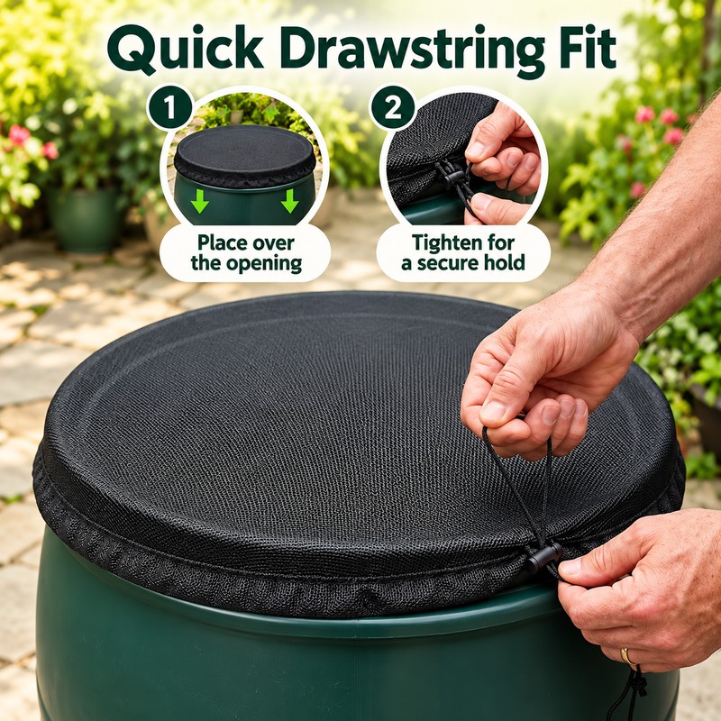 Drawstring Mesh Rain Barrel Cover for Outdoor Water Storage –