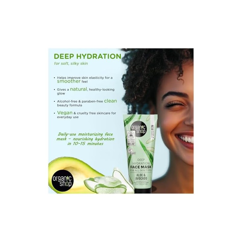 Mascarilla Facial Orgánica Hidratante de Aguacate y Aloe, 75 ml,