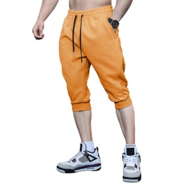 Fioboc Mens Joggers with Pockets -Cotton Drawstring Sweat Pants Hiking Outdoor 3/4 Jogging Sweatpants Pants Orange L