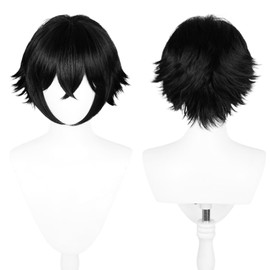 Aicos Dark Blue Cosplay Wig for Men Blue Short Anime Wig with Spiky Bangs for Comic-Con, Halloween Costume Party