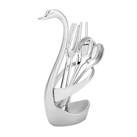 Stainless Steel Swan shaped Fork Spoon Holder with 3 Spoons 3 Forks (Silver Patternless)