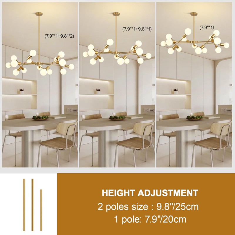 Chandelier, Gold Modern Chandeliers,Mid Century Ceiling Lighting Fixture 15-Lights Sputnik