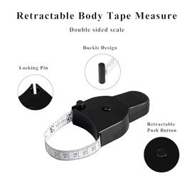 Paquete de 2 cintas métricas retráctiles en blanco y negro para medidas corporales, cinta métrica de doble escala de 150 cm con mecanismo de fácil blo