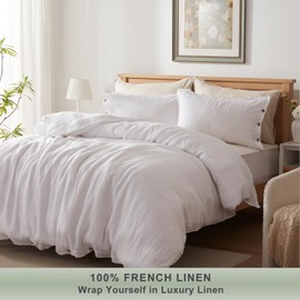 TOSMO 100% Linen Duvet Cover Set with Button Closure, 3 Pieces (1 Duvet Cover with 2 Pillowcases), Soft Breathable Durable Farmhouse Bedding - Queen, White