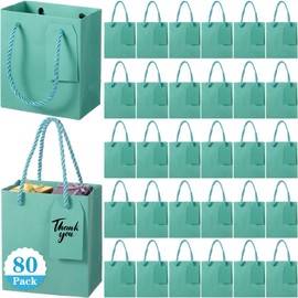Zhanmai Teal Blue Christmas Mini Gift Bags with Handles 80 Pcs 4.3x2.5x5 Inches Small Thank You Paper Goodie Bags Bulk Birthday Wedding New Year Party Favors