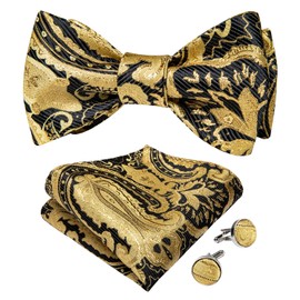 DiBanGu Gold Bow Ties for Men Self Tie Bow Tie and Pocket Square Cuffllinks Set Formal Business Wedding