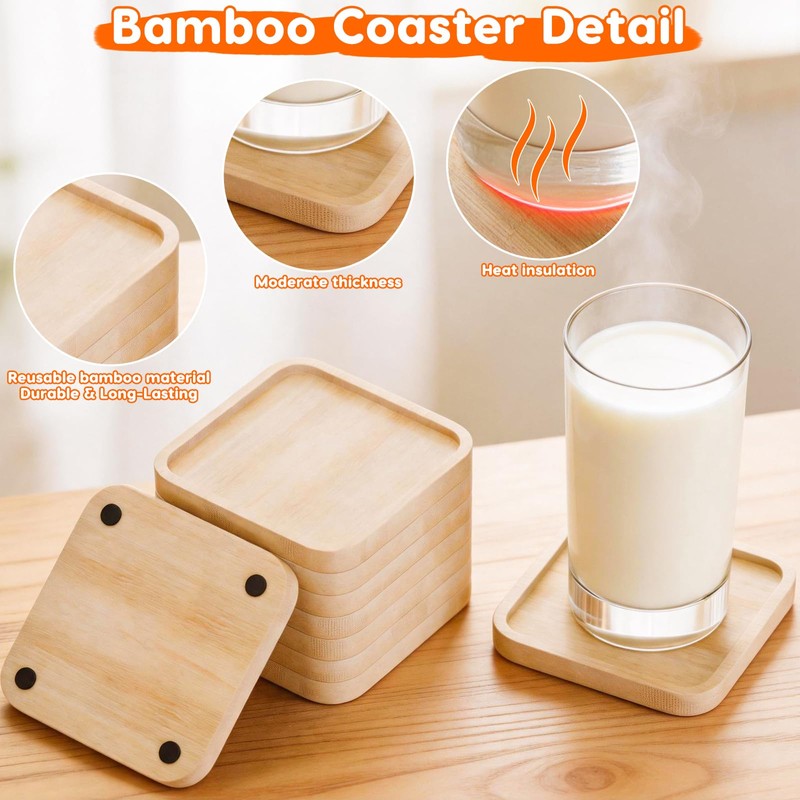 8 PCS Bamboo Coasters for Crafts, Wooden Coasters Set for