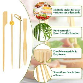 500PCS Cocktail Picks Kit, 4 Styles Fancy Toothpicks for Appetizers, 3 Sizes Long Bamboo Skewers, Decorative Wooden Cocktail Sticks for Party Supplies Food Drinks Fruit Charcuterie Boards Accessories