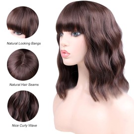 ZYYDSGO Brown Short Wavy Wig for Women Bangs Wigs Shoulder Length Bob Brown Curly Women's Charming Synthetic Wigs Light Brown Cosplay