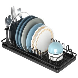 Giwil Small Dish Drying Rack, Compact Dish Rack with Silicone Tray and Caddy, Multifunctional Dish Drainer Sink Drying Rack for Kitchen Counter & Over The Sink, Stainless Stell, Black