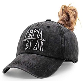 MANMESH HATT Mama Bear Ponytail Hat Vintage Washed Distressed Baseball Dad Cap for Women Black