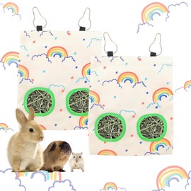 2Pcs Hay Feeder Bag for Rabbit with 2 Holes Colorful Rainbow Guinea Pig Hanging Hay Feeding Bag Storage Dispenser for Guinea Pig Chinchilla Hamster Bunny Small Animal Pet