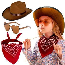 JeVenis Brown Cowgirl Hat Girls Cowboy Hat Kids Western heart shape Sunglasses for Birthday Party