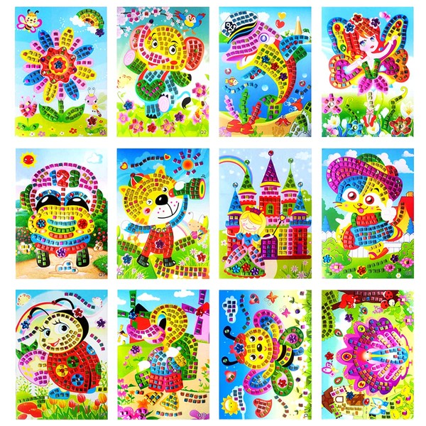 JINGYOU 12 Packs Mosaic Sticker Arts and Crafts Kits for Girls Sticky Mosaics DIY Handmade, Mosaic Sticker Art, Mosaic Sticker for Preschool Toddlers Boys Girl Activities Postcards Foam Girls Gifts