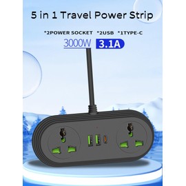 Travel Plug Adapter, COOFINE Universal Power Strip with 2 AC Outlets, 3 USB Ports (1 USB C), 110-240v, 6ft International Power Adapter with Portable Bag, Overseas Travel Work Must Haves